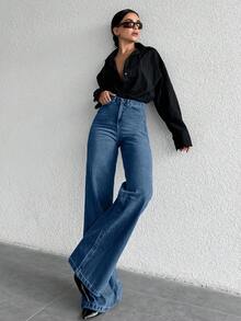 SHEIN Calça jeans de cintura alta e pernas largas, 100% algodão, tamanho TALL. - Lavagem Média - Ver 4