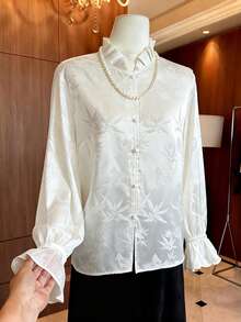 SHEIN Franclia Women's Floral Jacquard Single-Breasted Elegant Flare Sleeve Mandarin Collar Silk Blouse,White Pearl Shirt Filipiniana Blouse For Autumn Tea Party - White - View 1
