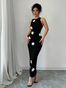 Rafferiza Petite 女士优雅无袖修身3D立体花卉连衣裙 - 黑與白 - 查看 4