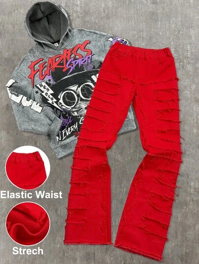 Teen Boy Fashion Casual Y2k Vintage Cool Street Returns To School College The Streetwear Fringed Design Features Bounty And Form-Fitting Boot-Shaped Pair Of Jeans For Teen Boy Clothes Teen Boy Dailywear And Teen Boy Winter And Fall Rave Outfits Festival And Outfits Streetwear Clothes