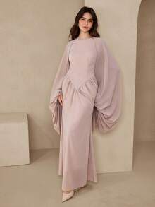 Graceveil French Design Pleated Flare Sleeve Women Dress - Dusty Pink - View 6