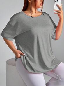 SHEIN Sports 大码女式纯色简约日常穿搭露背短袖T恤 - 淺灰色 - 查看 2