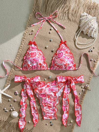 Swim Mod 2-Piece Set, Spring/Summer Vacation Ocean Element Random Print Bow Decor Ruffle Trim Triangle Cup Bra And Side Tie Swim Bottoms Sexy Bikini Swimsuit Set Valentine's Day Vacation Bikini Set Beach Two Piece Set Tie Bikini Set Bikini Set Ruffle Bikini Set Hot Pink Carnaval