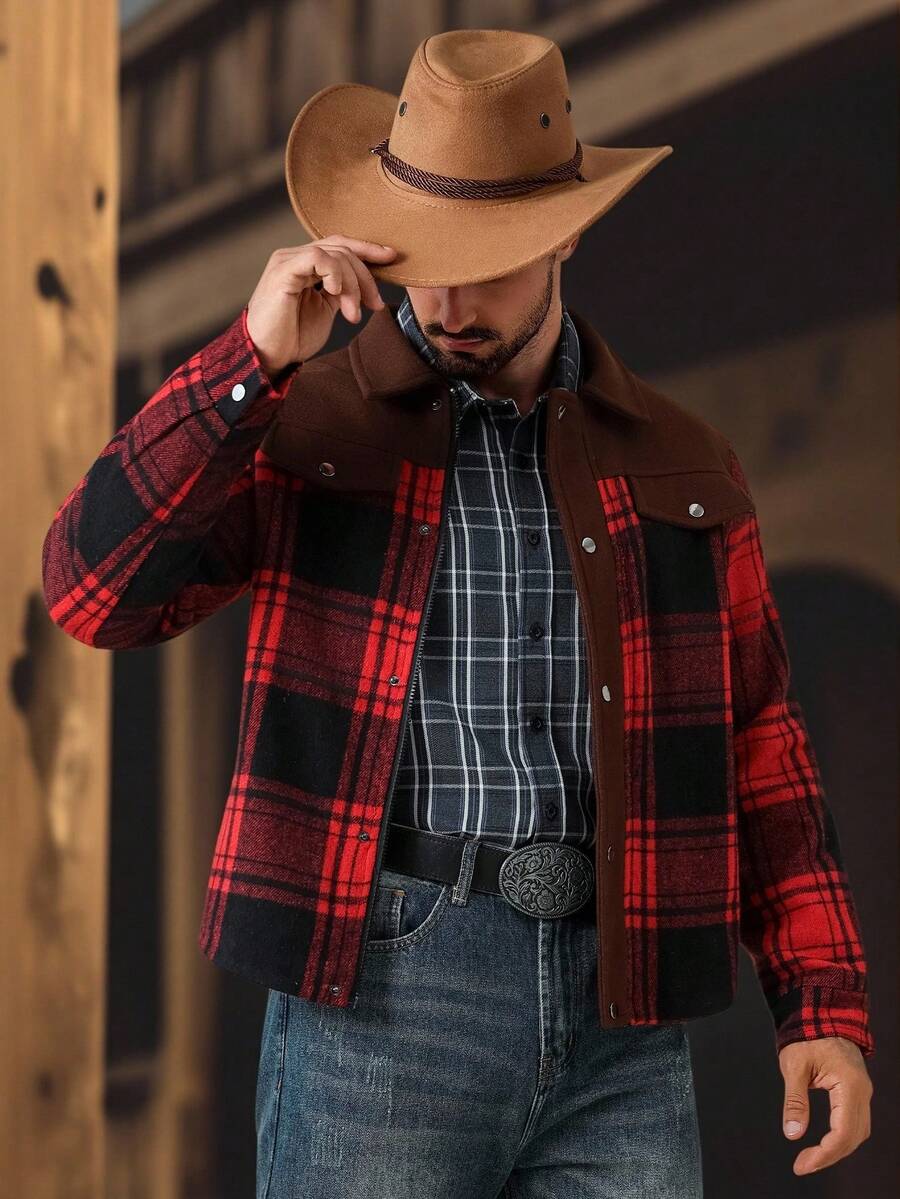 Manfinity Nomadique Men's Plaid Patchwork Zip-Up Casual Jacket Winter Cowboy Jacket Men Country Clothes - Brown - View 1