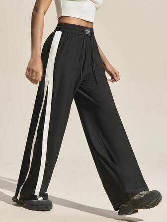 Exploreva Women's Contrast Color Patchwork Drawstring Waist Outdoor Sweatpants Workout High Waisted Sport Pants Y2k Dance Studio Pants Black And White Work Out Pants Womens Athleisure Track Pants For Women