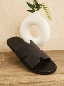 SHUZIA Men's Textured Black Slide Sandals, Anti-Slip, Comfortable, High-End Feeling Holiday Vacay Vibe For Spring Spring Break Easter Mother's Day Present For Christmas - Black - View 2