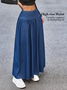 Flexra Women's Solid Color Pleated Fashionable Versatile Long Denim Skirt - Blue - View 5
