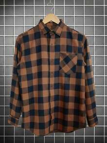 Camisa masculina estilo vintage cuadritos americana, algodón cómodo y suave, sin estampado, corte holgado, de manga larga, ideal para otoño e invierno, fácil de combinar en uso diario y casual - Caqui - Ver 3