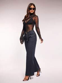 Radiana Women's Sexy Casual All-Match Black Sheer Mesh Long Sleeve Turtleneck Bodysuit, Black Sheer Top, Versatile All-Match Top, Casual Everyday Wear, Slim Fit Top, Suitable For Night, Gathering, Party, Club, Nightclub, Cocktail Party, Carnival, Music Festival, Holiday Outfit - Black - View 5