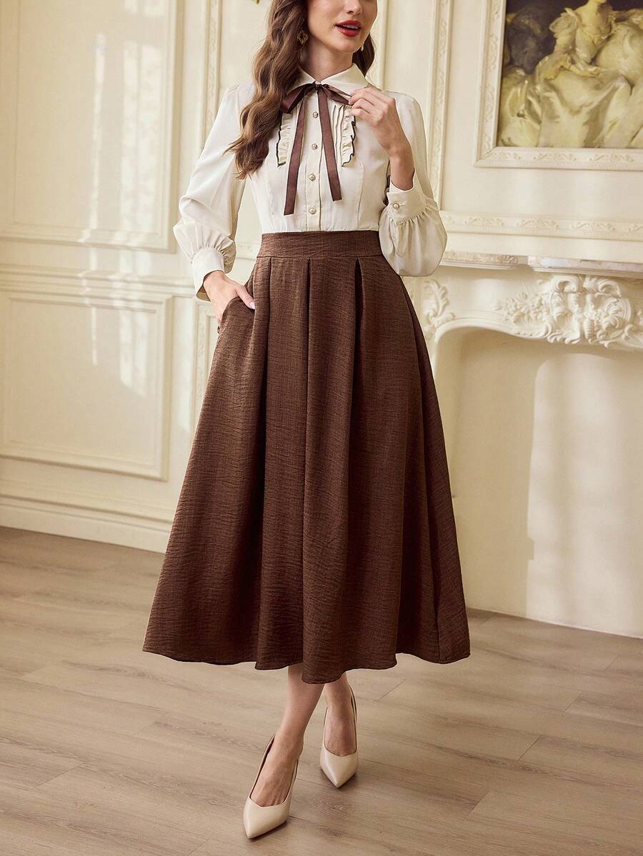 Vintamour Vintage Elegant Women's Dress With Pockets Contrast Color Pleated Pearl Button Shirt Dress Casual Commute Holiday Dress Winter Dresses Women's Winter Dress Winter Clothes For Women New Year Dress Women's New Year's Eve Dresses New Year Outfit New Year Clothes Elegant Dresses For Women Elegant Dresses For Ladies Vacation Outfits Women Elegant Dresses For Party Spring Outfit Women Spring Break Outfits Spring Dress Women Brown Dress - Brown - View 1