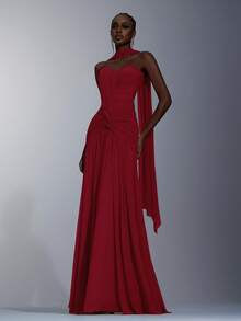 Elitara Elegant Gray-Green High-Stretch Knit Mesh Ruched Bust, Waist Slimming Twist Fishtail Hem Dress (Detachable Halter) Flowing Fishtail Skirt, Suitable For Dates, Vacations, Singles Parties, Weddings, And All Formal Occasions, Formal Evening Gown