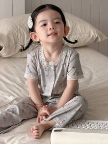 DAZY 2pcs Baby Girls' Allover Print Casual Long Sleeve T-Shirt And Pants Homewear Set - Grey - View 4