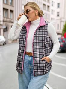 EMERY ROSE Plus Size Women's Pink Reversible Plaid Hooded Padded Vest,Winter Casual Hiking Quilted Jacket,Fashionable Outerwear For Christmas,New Year,Autumn - Multicolor - View 8