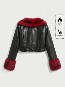 ROMWE Goth 圣诞复古朋克风黑色短款仿皮夹克，配红色仿毛领，大码街头时尚前卫女款皮夹克，秋冬款 - 黑色 - 查看 2