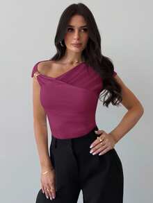 Firerie 女士不对称肩部裹身褶皱腰部紧身T恤，优雅得体，适合日常通勤，春夏款 - 中紫紅色 - 查看 4