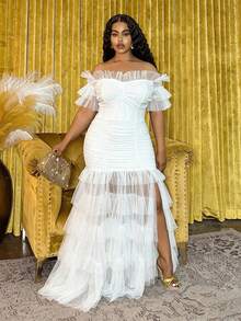 Veslaya 2025春夏新款大码女装弹力腰波西米亚风薄纱荷叶边露肩褶裥鱼尾裙摆优雅连衣裙 - 适合音乐节、复活节、波西米亚风活动、纳什维尔风格场合、生日派对、毕业典礼、学生休闲装、休闲、度假、邮轮旅行 - 白色 - 查看 4