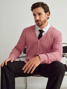 Manfinity Homme Cárdigan casual minimalista de unicolor para hombre - Rosado Sandía - Ver 5