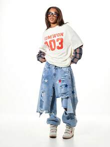 SUMWON WOMEN Áo thun họa tiết cỡ lớn với tay áo kẻ caro tương phản và hình in đậm ở mặt trước - Nhiều màu - Xem 5