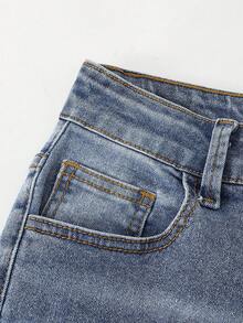 SHEIN Quần jeans ống loe co giãn rách nhẹ đa năng phong cách Y2K dành cho nữ tuổi teen, có thể phối cùng áo dài tay. - Màu xanh lam - Xem 7