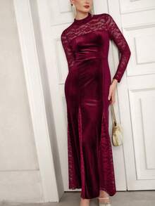 SHEIN Unity Lace & Velvet Patchwork Long Sleeve Waist Cinched Fishtail Hem Elegant Romantic Sophisticated Party Dress For Women - Burgundy - View 5