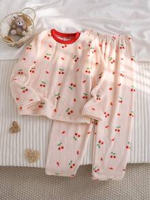 Tween Girls Pajamas-2 Piece Pajama Set Cherry Print Light Pink Red Trim Round Neck Long Sleeve Top Long Pants Cozy Soft Breathable Loungewear Sleepwear Gift Idea Four Season 2026 New Year Holiday Essential - Red and White - View 1