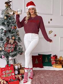EMERY ROSE Women's Crew Neck Drop Shoulder Long Sleeve Letter Knit Sweater - Red - View 7