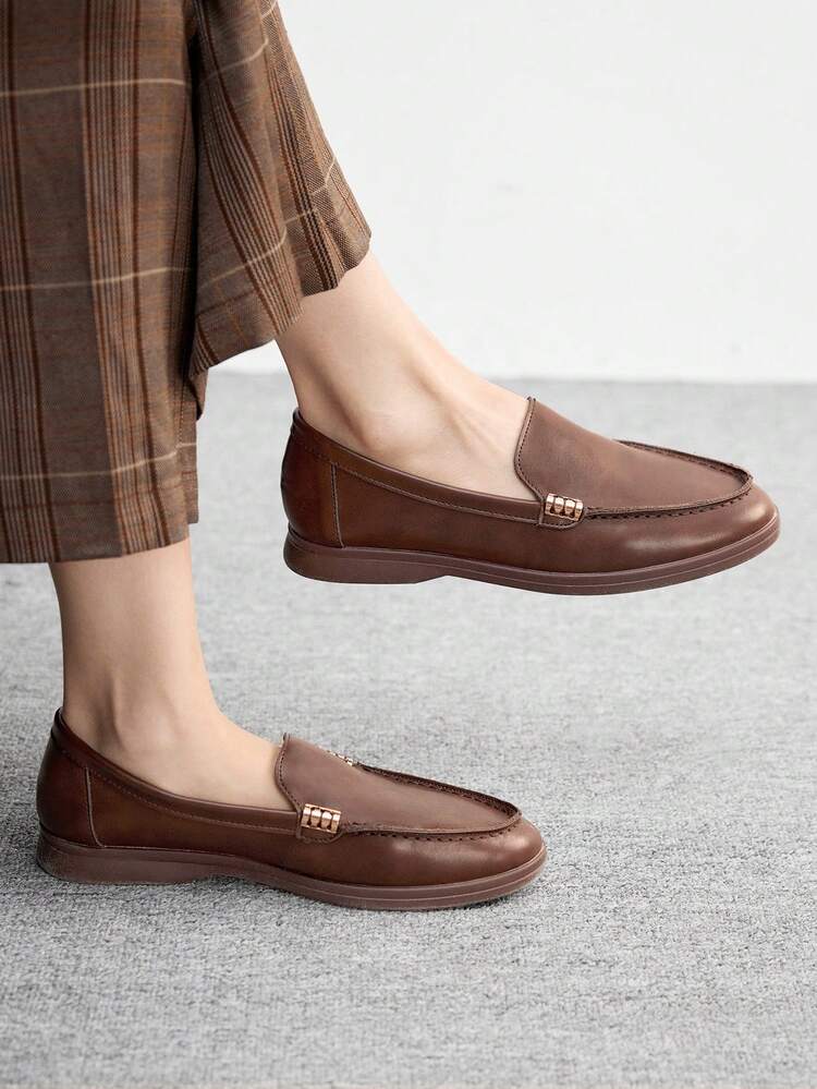 CUCCOO BIZCHIC Women's Fashion Coffee Color Metal Buckle Comfortable Casual Loafers, Suitable For Commuting, Outdoor, Shopping, Work, Daily Wear