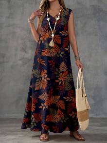 EMERY ROSE 休闲复古优雅度假风百搭舒适藏蓝色枯枝印花无袖V领长裙，适合春夏女性穿着。 - 彩色 - 查看 3