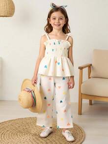 2pcs/Set Young Girl Clothes, Colorful Heart Camisole Top And Straight Loose Pants, Suitable For Vacation, Outing, Daily Wear, School, Summer, New Arrival, Elegant Holiday Outfit
