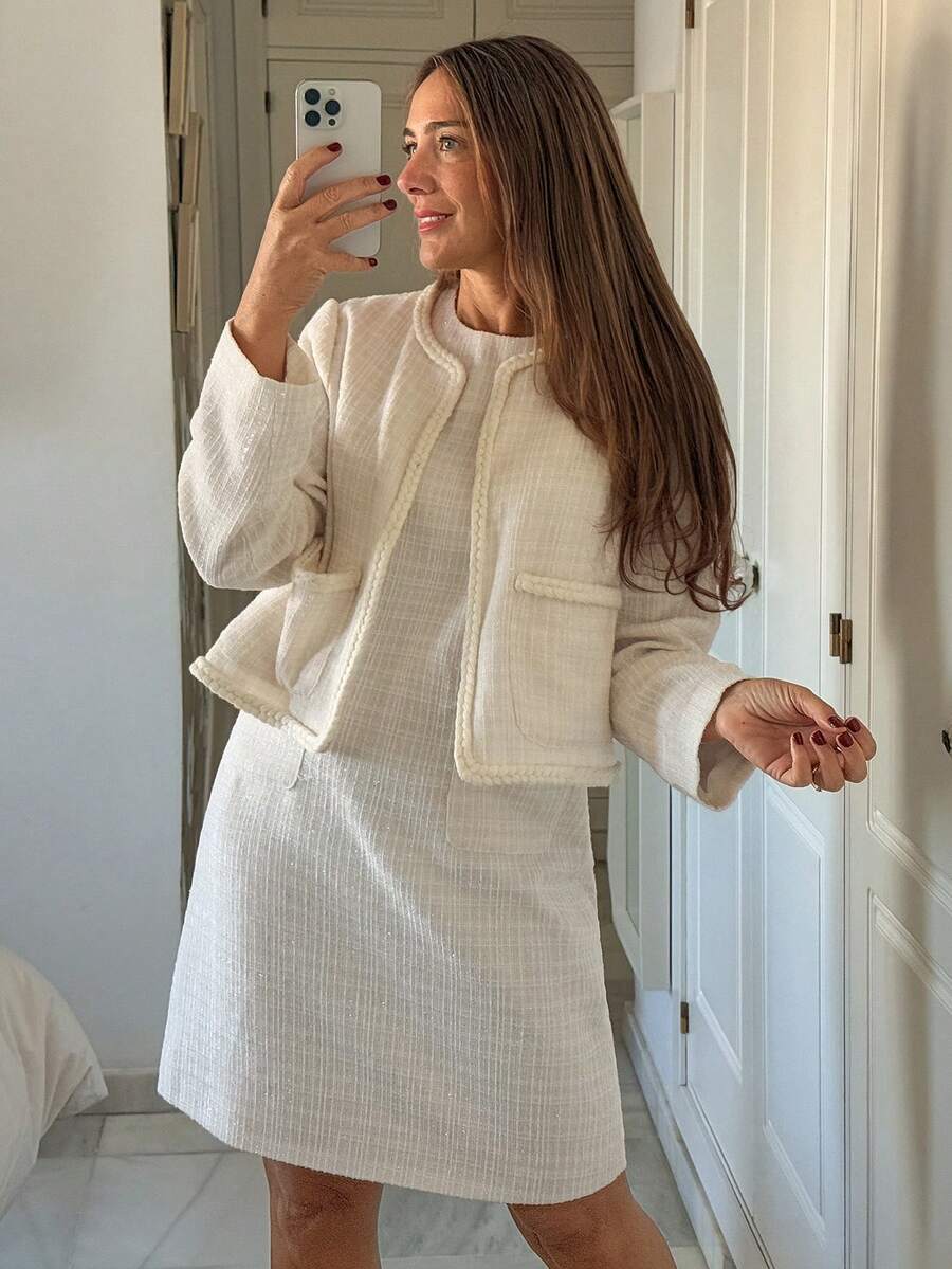 Vivie Lora 女士极简主义无袖连衣裙和长袖外套两件套家居服套装 - 白色 - 查看 1