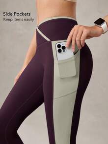 OutZeal 女士吸湿排汗柔软交叉腰侧口袋运动紧身裤日常休闲普拉提瑜伽