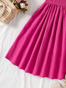 少女休闲优雅学院风连衣裙，绿色无袖褶皱A字裙，带蝴蝶结和交叉后背绑带，适合外出、度假、上学、春夏穿着。 - 玫紅色 - 查看 6