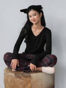 DAZY Youth (Girls) Casual Loose Comfortable Spring/Autumn Homewear Set, V-Neck T-Shirt And Plaid Straight Pants - Burgundy - View 4