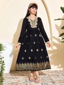 Girls' Dress, Middle Eastern Style Embroidered Collar, Metallic Foil Print, Elegant & Luxurious, Suitable For Spring/Autumn Everyday Wear - Black - View 4