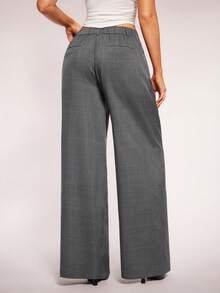 Radiana Women's Minimalist Fashion Dark Grey Low Waist Loose Wide Leg Suit Pants, Commuter Pants, Low Waist Trousers, Low Waist Suit Pants, Grey Suit Pants, Grey Wide Leg Pants, Grey Trousers, Woven Fabric Casual Pants - Dark Grey - View 2