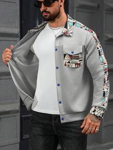 Manfinity Homme Men's Geometric Pattern Long Sleeve Single-Breasted Jacket,Grey Autumn Streetwear City Break Western Button Up Boho Shirt Men Designer Graphic Jacket - Light Grey - View 5