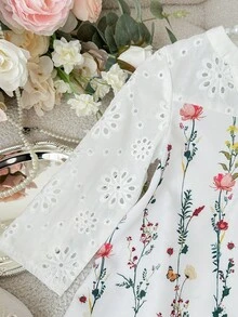 SHEIN 女嬰白色花卉印花刺繡細節夏季可愛派對洋裝，伊斯蘭禮拜禮物，優雅休閒度假風穿搭 - 白色 - 查看 6