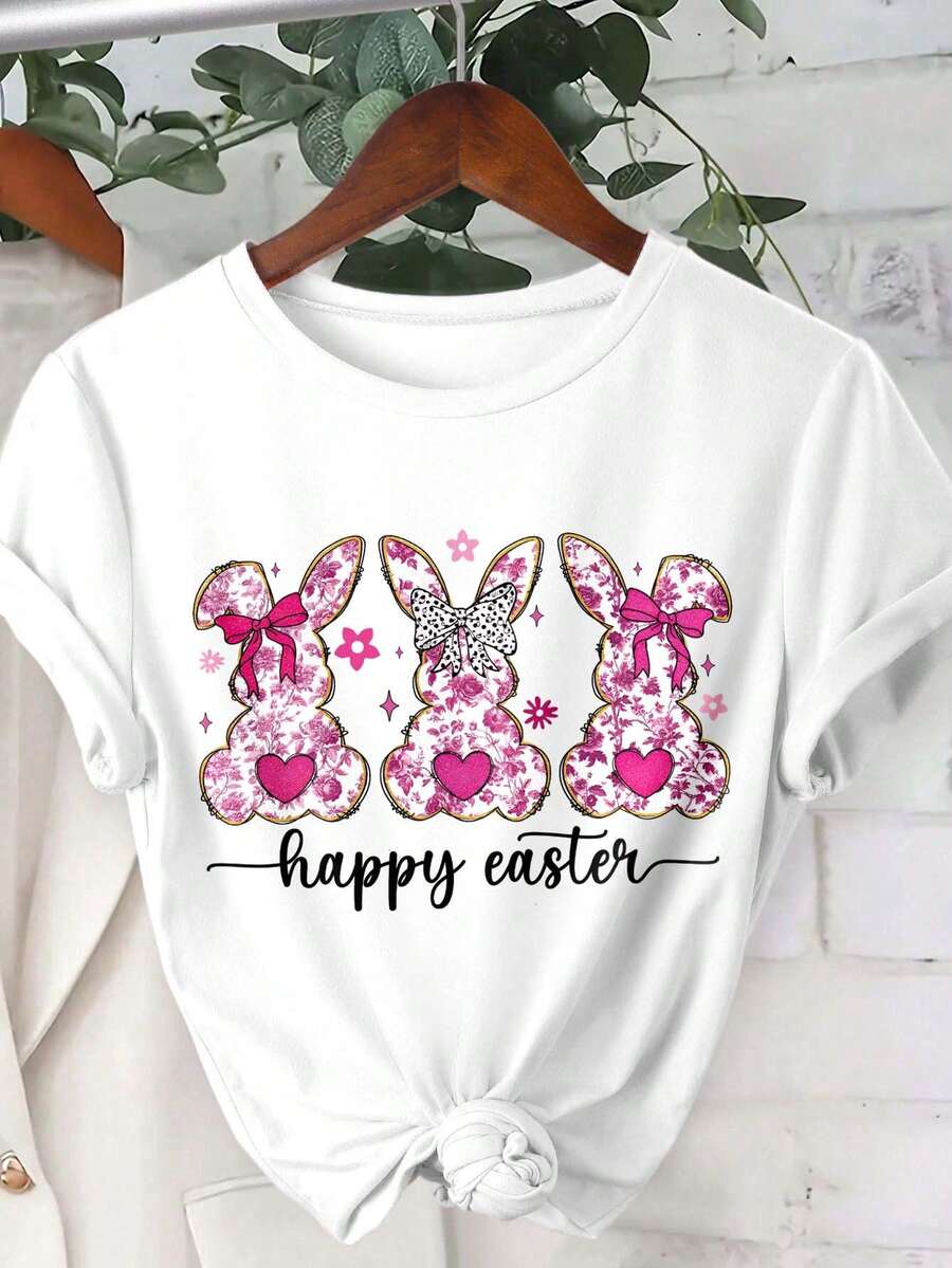 Resyla Women's Rabbit & Floral "Happy Easter" Graphic Tee, Soft & Comfortable Round Neck Short Sleeve T-Shirt, Suitable For Daily, Holiday, And Casual Wear - White - View 1