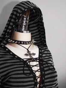 SHEIN ICON Áo thun dệt kim dài tay có mũ trùm đầu họa tiết sọc Punk cổ điển Y2K cỡ lớn - màu đen - Xem 6