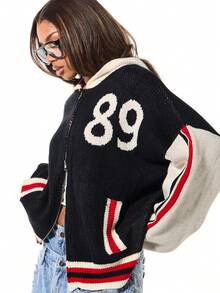 SUMWON WOMEN Áo khoác cardigan trùm đầu họa tiết sao Intarsia cỡ lớn với tay áo tương phản và thiết kế khối màu cho mùa thu đông - Nhiều màu - Xem 6