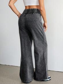 SHEIN Tall 女士高腰宽松喇叭运动裤，做旧黑灰色，秋冬款 - 灰色 - 查看 2