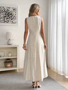 Easowa Damska sukienka na co dzień, w jednolitym kolorze, z okrągłym dekoltem, bez rękawów, na Walentynki, elegancka i elegancka, dopasowana, z czystej białej bawełny, wygodna i oddychająca, na Walentynki - Morela - Zobacz 6