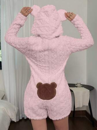 Dream Adore Bear Embroidery Long Sleeve Shorts Animal Hooded Pajamas