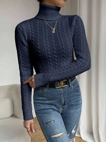 Chiquease 女士秋冬季绞花针织高领长袖修身休闲套头毛衣 - 藏蓝色 - 查看 5