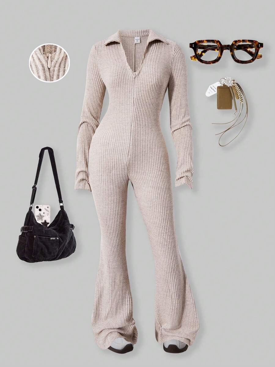 Sparklyn 少女灰色罗纹针织长袖连体裤，前开襟设计 - 卡其色 - 查看 1