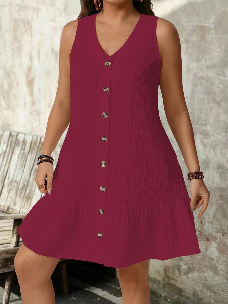 SHEIN PETITE Plus Size Sleeveless V-Neck Textured Fabric Dress - Burgundy - View 1