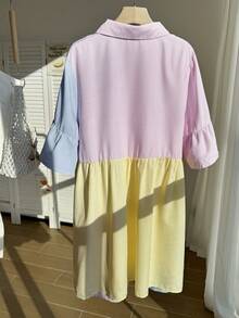 Comfortcana Đầm suông rộng rãi tay bồng phối nút bèo nhún màu sắc cỡ lớn - Nhiều màu - Xem 4