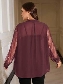 SHEIN Clasi Plus Size Glittery Sheer Fashion Long Sleeve Shirt - Burgundy - View 2