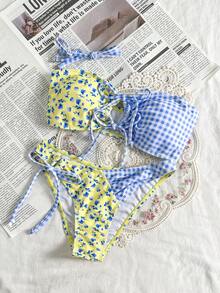 Swim Mod 可爱花卉格子拼接女士泳衣套装 - 彩色 - 查看 2