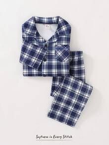 Cozy Pixies Set 2 Potong untuk Anak Laki-Laki: Kardigan Lengan Panjang Berkerah Motif Kotak-kotak dan Celana Panjang Pinggang Elastis - MultiWarna - View 3